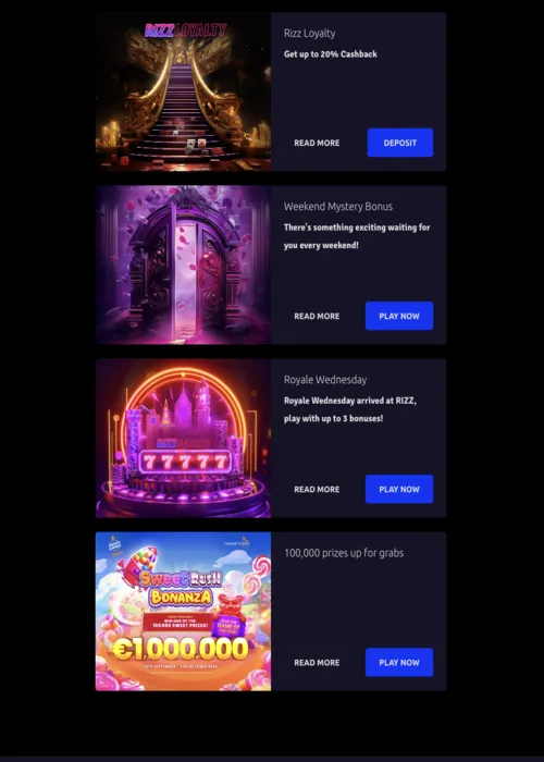 Ofertas bonos exclusivos showcase Rizz Casino