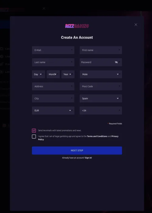 Registro rápido jugador nuevo Rizz Casino